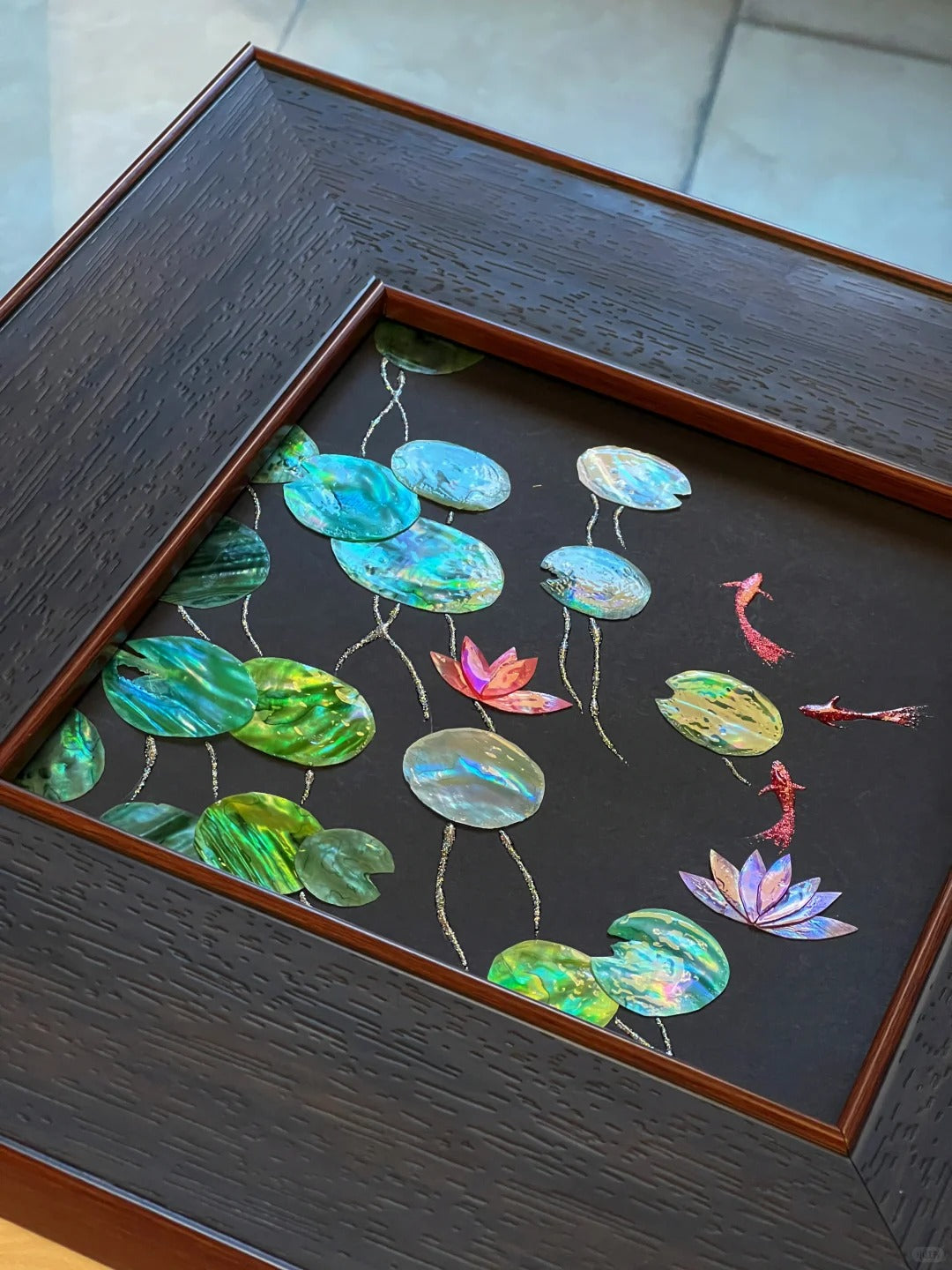 Handcrafted Mother of Pearl Inlay Wall Art - "Zen Lotus & Koi Fish" Luxury Shell Artwork