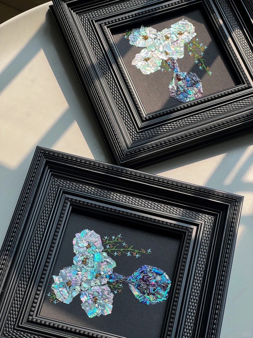 Close-up details of natural mother of pearl shell inlay craft, iridescent shell texture in lacquer art, fine oriental craftsmanship.
