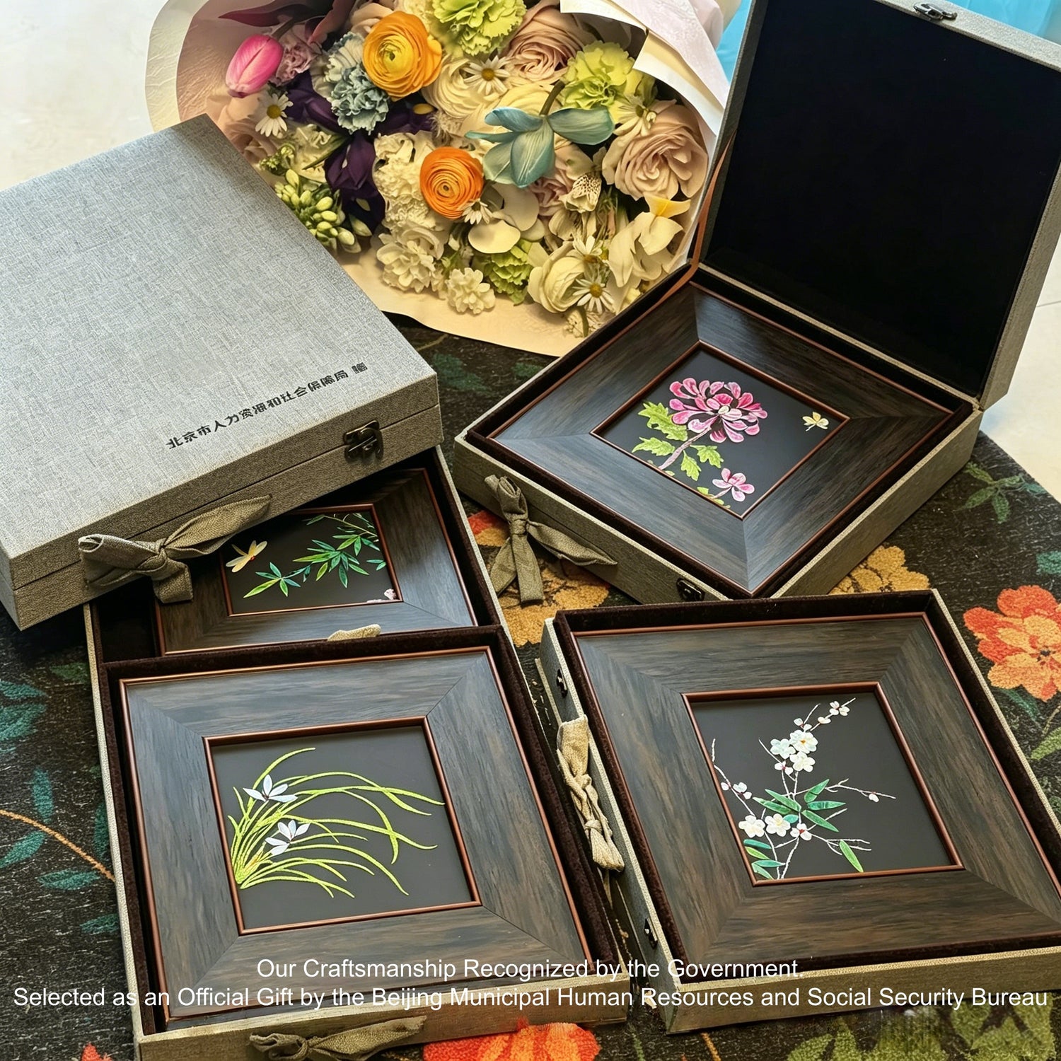Official diplomatic cultural gift presented by Beijing Human Resources and Social Security Bureau, featuring handcrafted Raden shell inlay artwork by showinghandmadeart