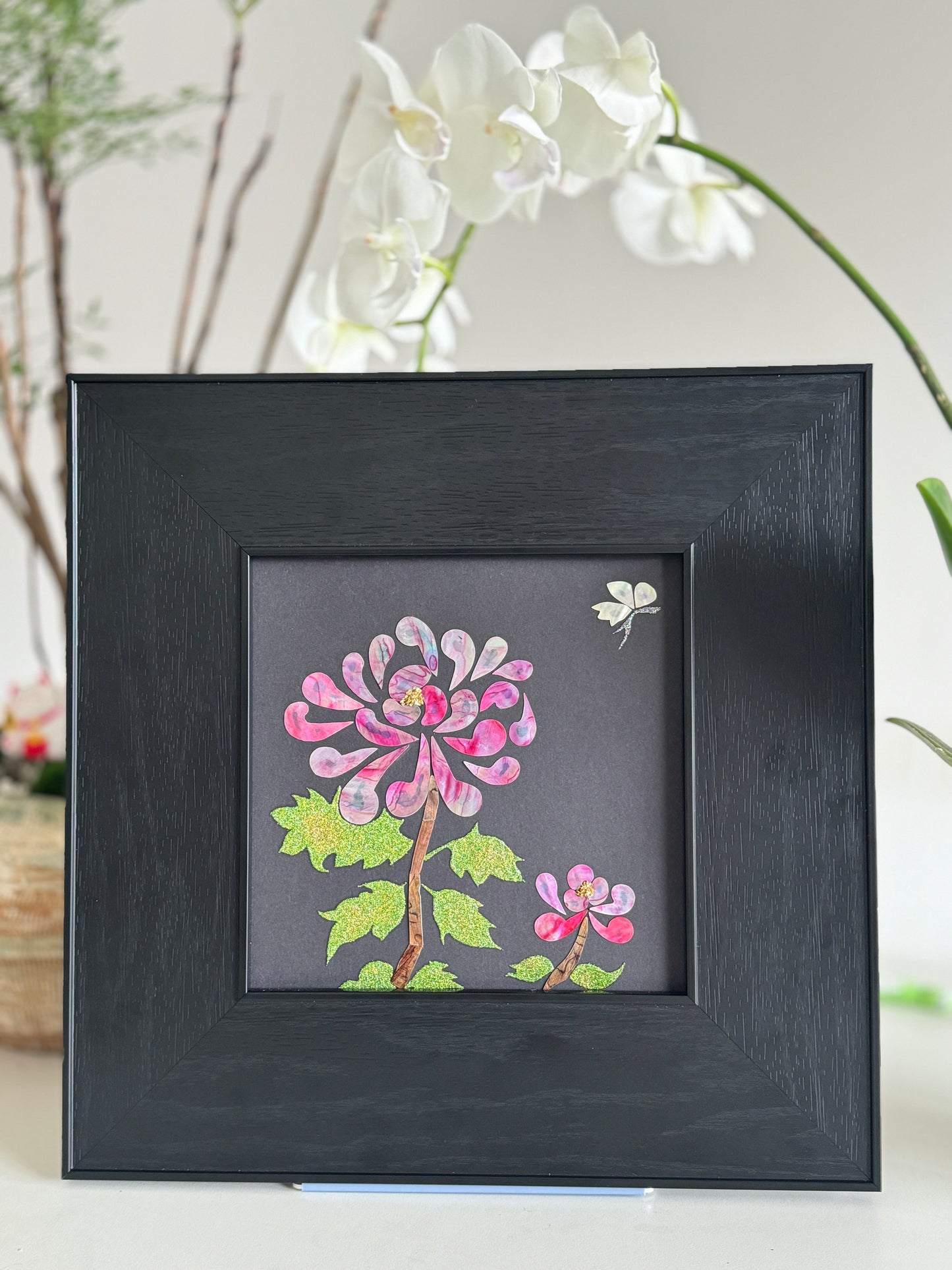 Handcrafted Mother of Pearl Chrysanthemum wall art, 20x20cm Raden shell inlay, oriental luxury home decor, state-level gift