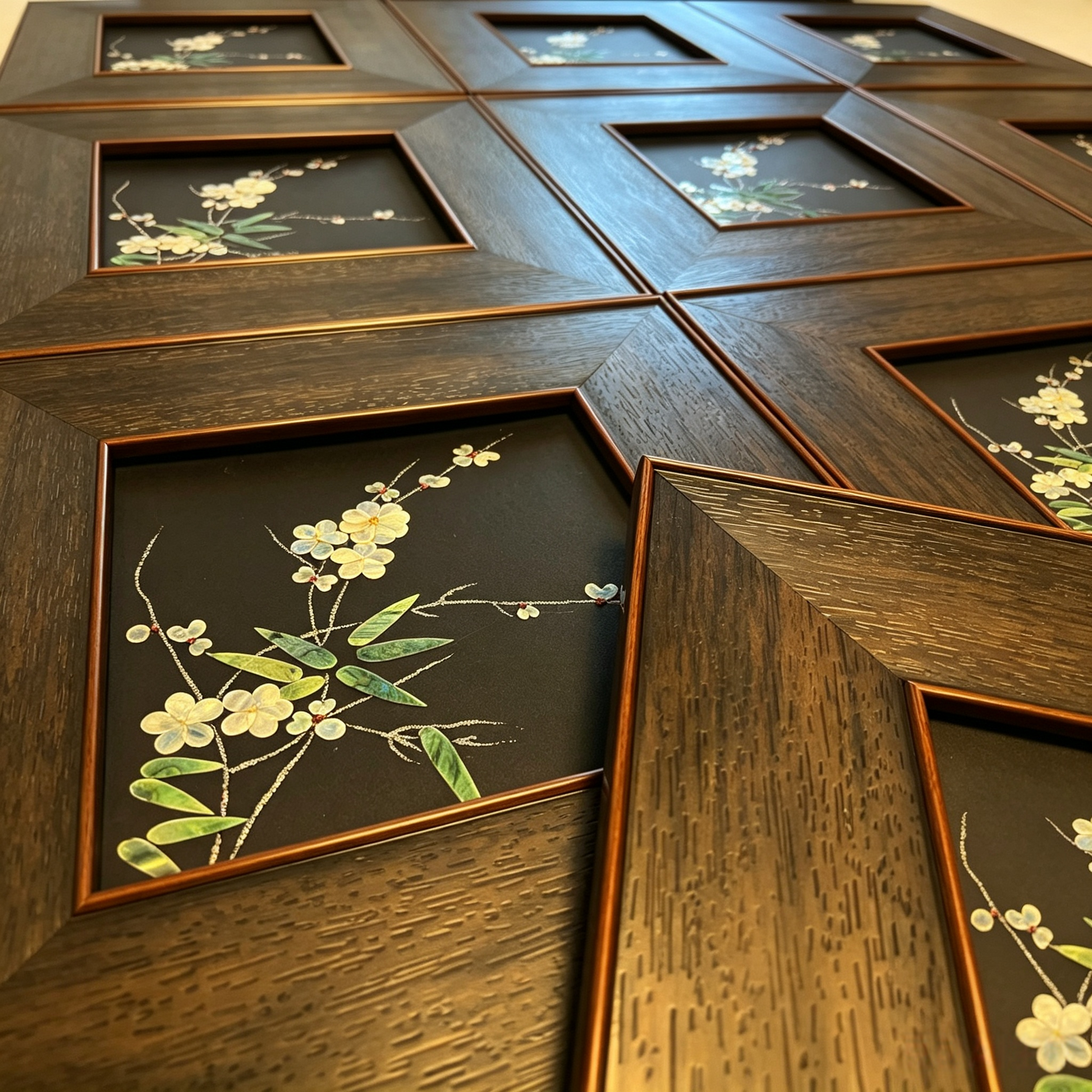 Close-up of raden shell inlay craft, traditional Chinese lacquer art details, hand-polished iridescent shell texture.