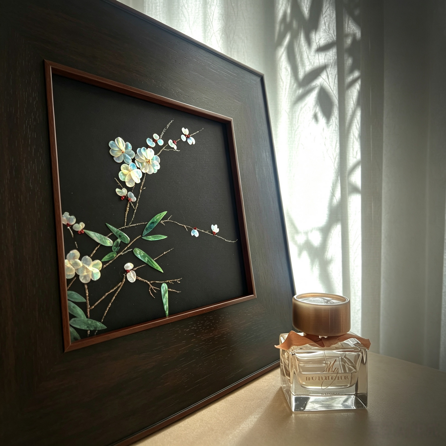 Close-up of raden shell inlay craft, traditional Chinese lacquer art details, hand-polished iridescent shell texture.