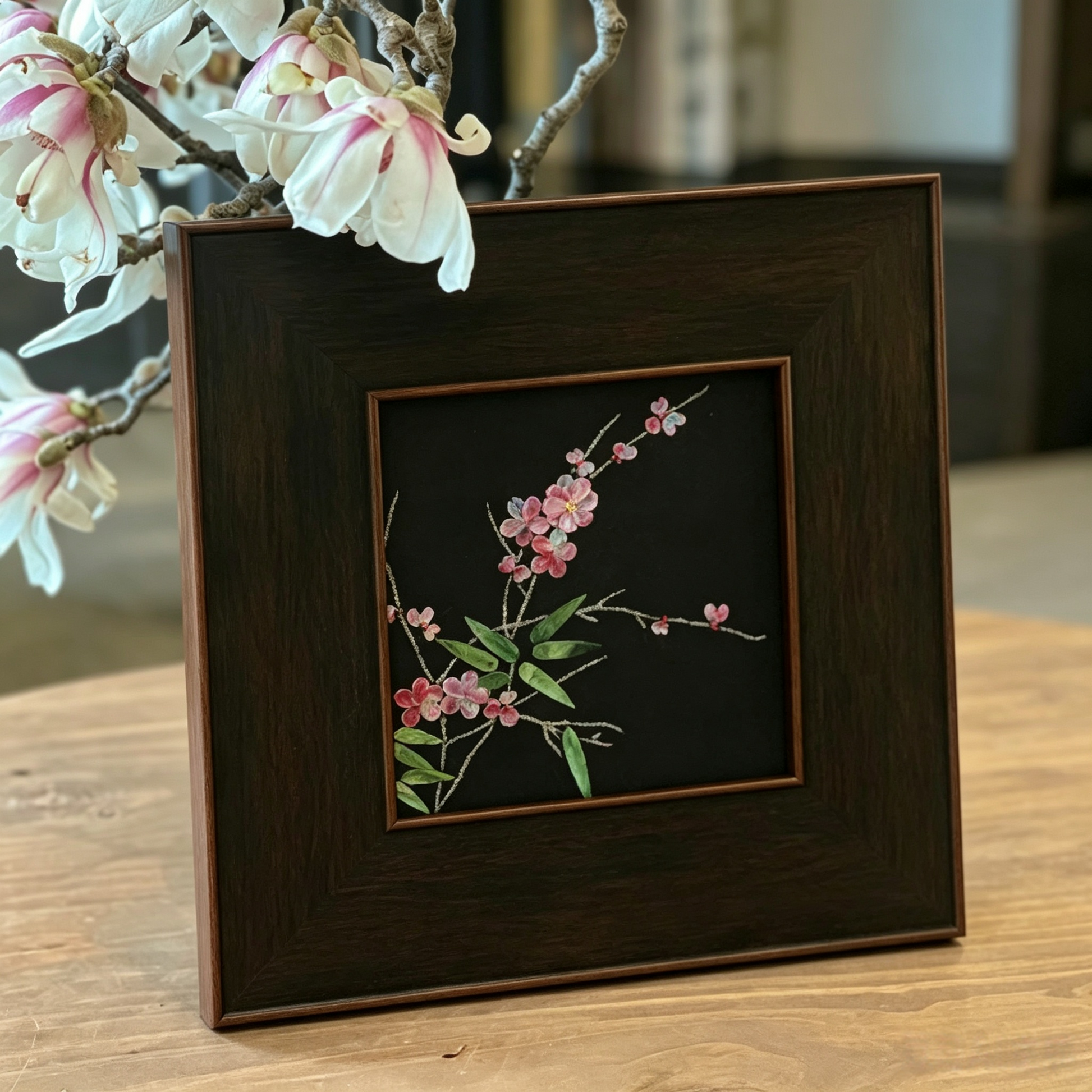 Close-up of raden shell inlay craft, traditional Chinese lacquer art details, hand-polished iridescent shell texture.