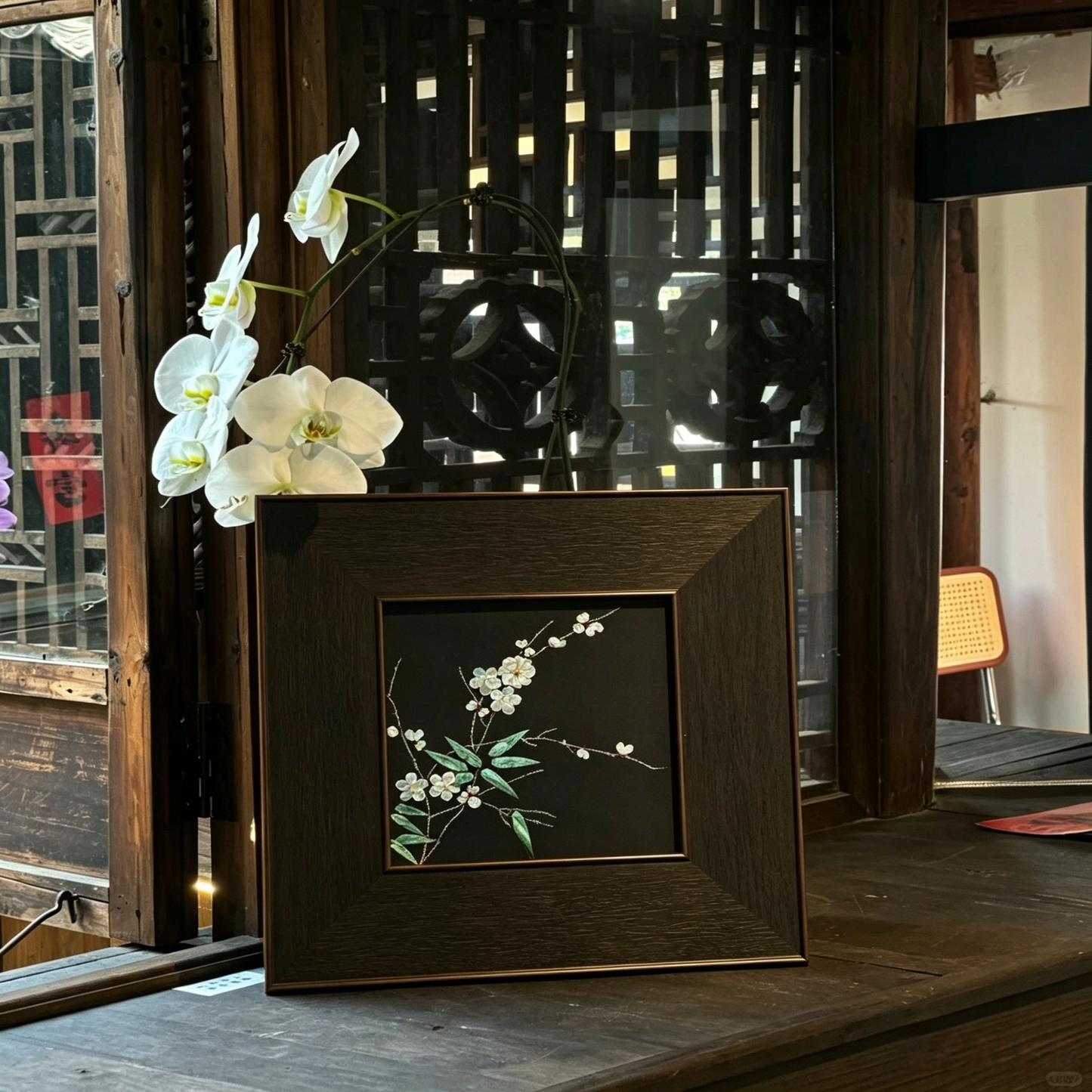 Close-up of raden shell inlay craft, traditional Chinese lacquer art details, hand-polished iridescent shell texture.