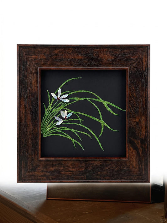 Handcrafted Mother of Pearl Orchid Wall Art in Premium Black Wood Frame by Showing Studio