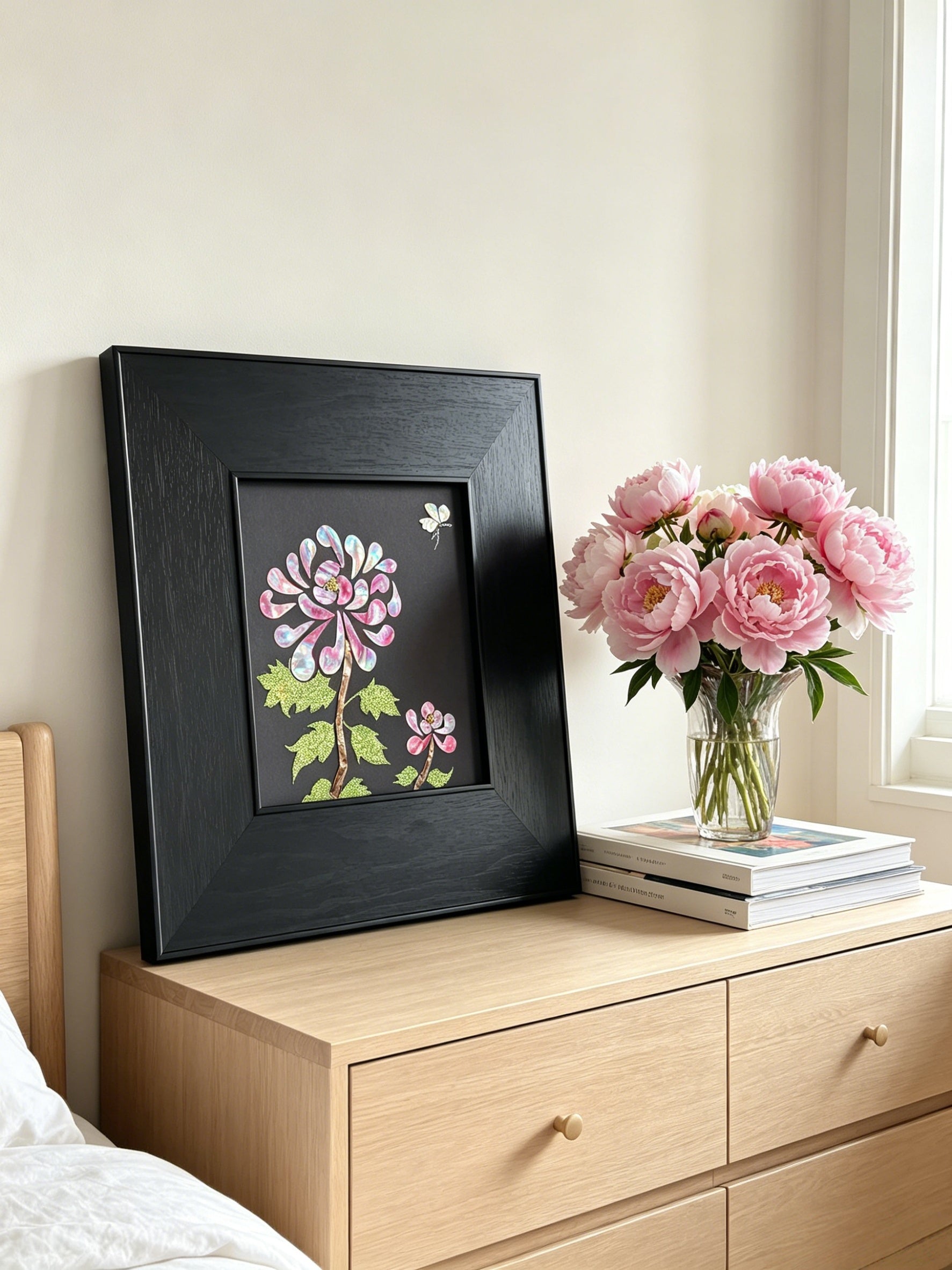Handcrafted Mother of Pearl Chrysanthemum wall art, 20x20cm Raden shell inlay, oriental luxury home decor, state-level gift