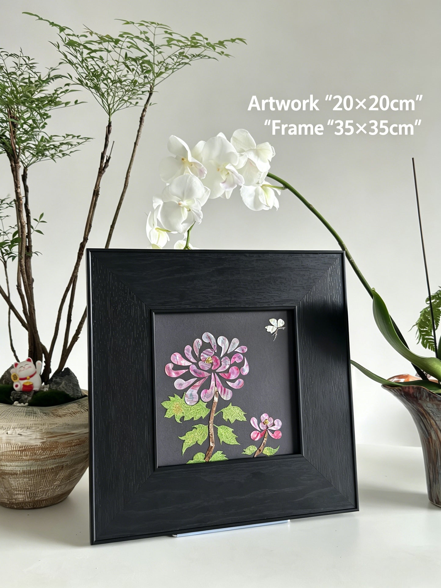 Handcrafted Mother of Pearl Chrysanthemum wall art, 20x20cm Raden shell inlay, oriental luxury home decor, state-level gift