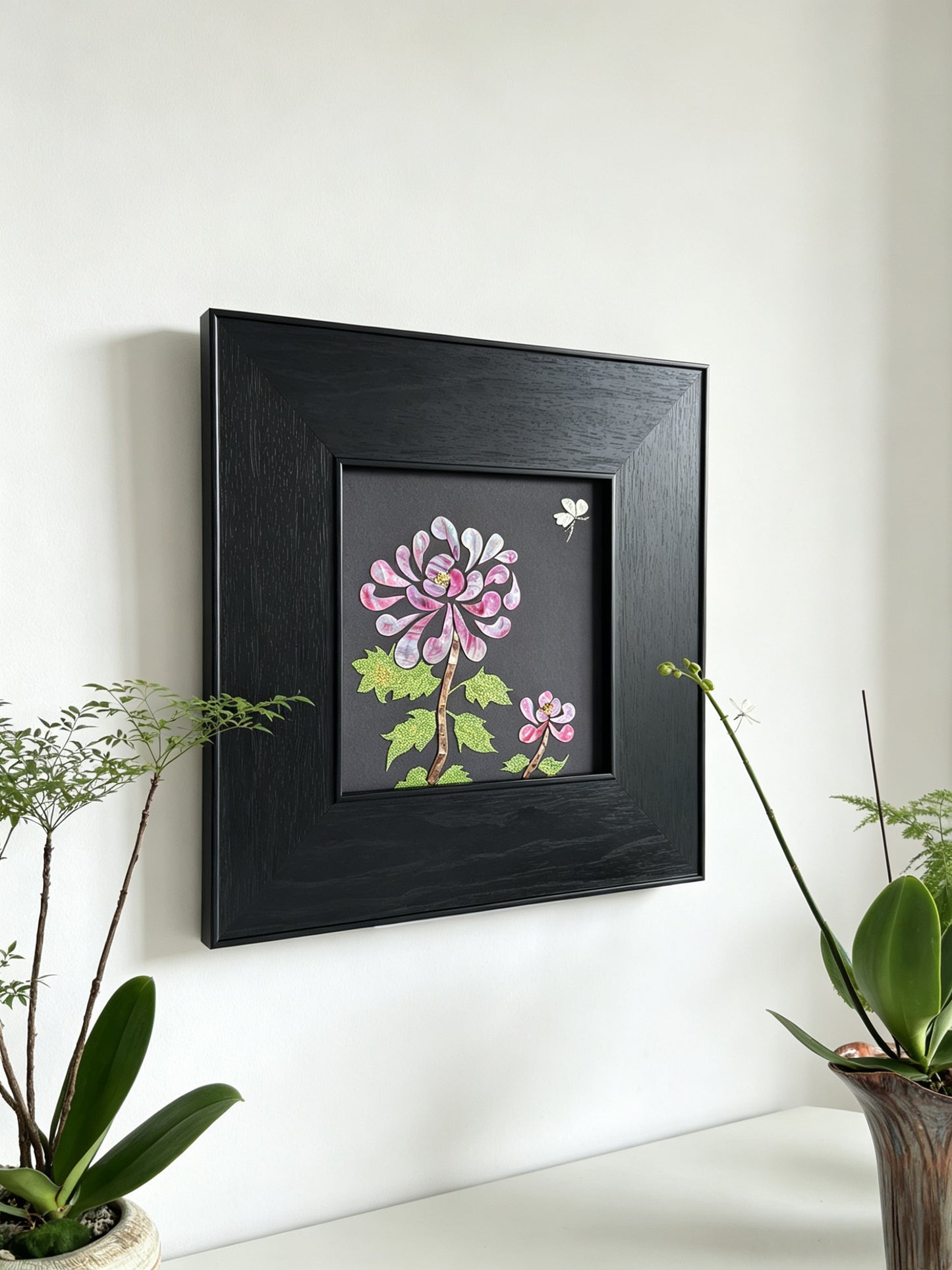 Handcrafted Mother of Pearl Chrysanthemum wall art, 20x20cm Raden shell inlay, oriental luxury home decor, state-level gift