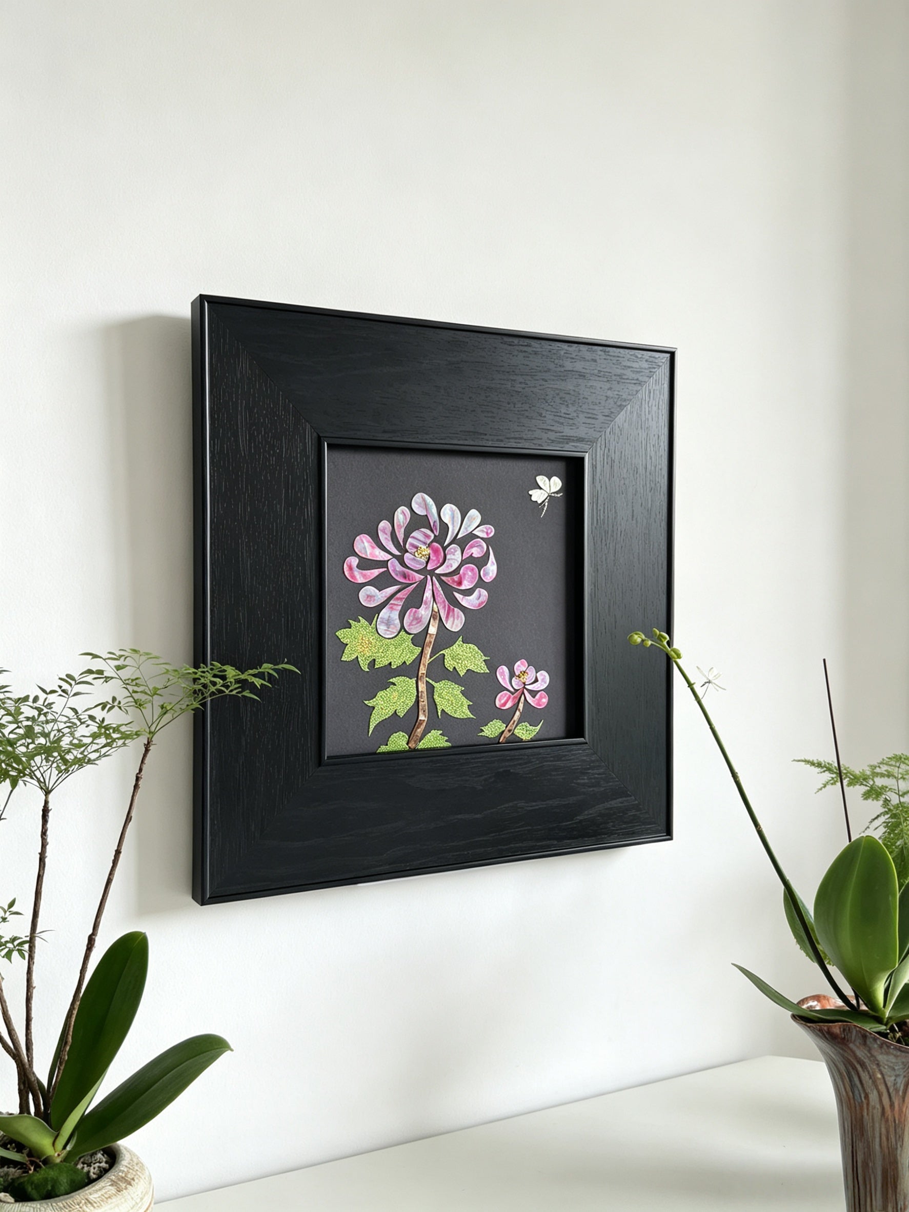 Handcrafted Mother of Pearl Chrysanthemum wall art, 20x20cm Raden shell inlay, oriental luxury home decor, state-level gift