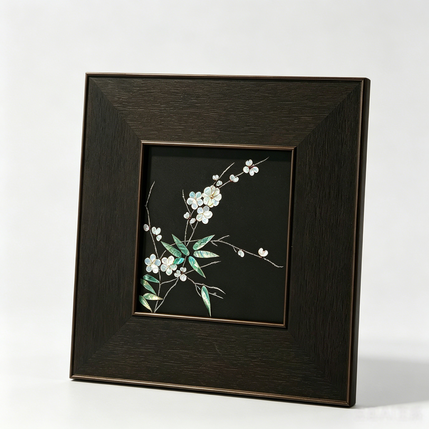 Close-up of raden shell inlay craft, traditional Chinese lacquer art details, hand-polished iridescent shell texture.