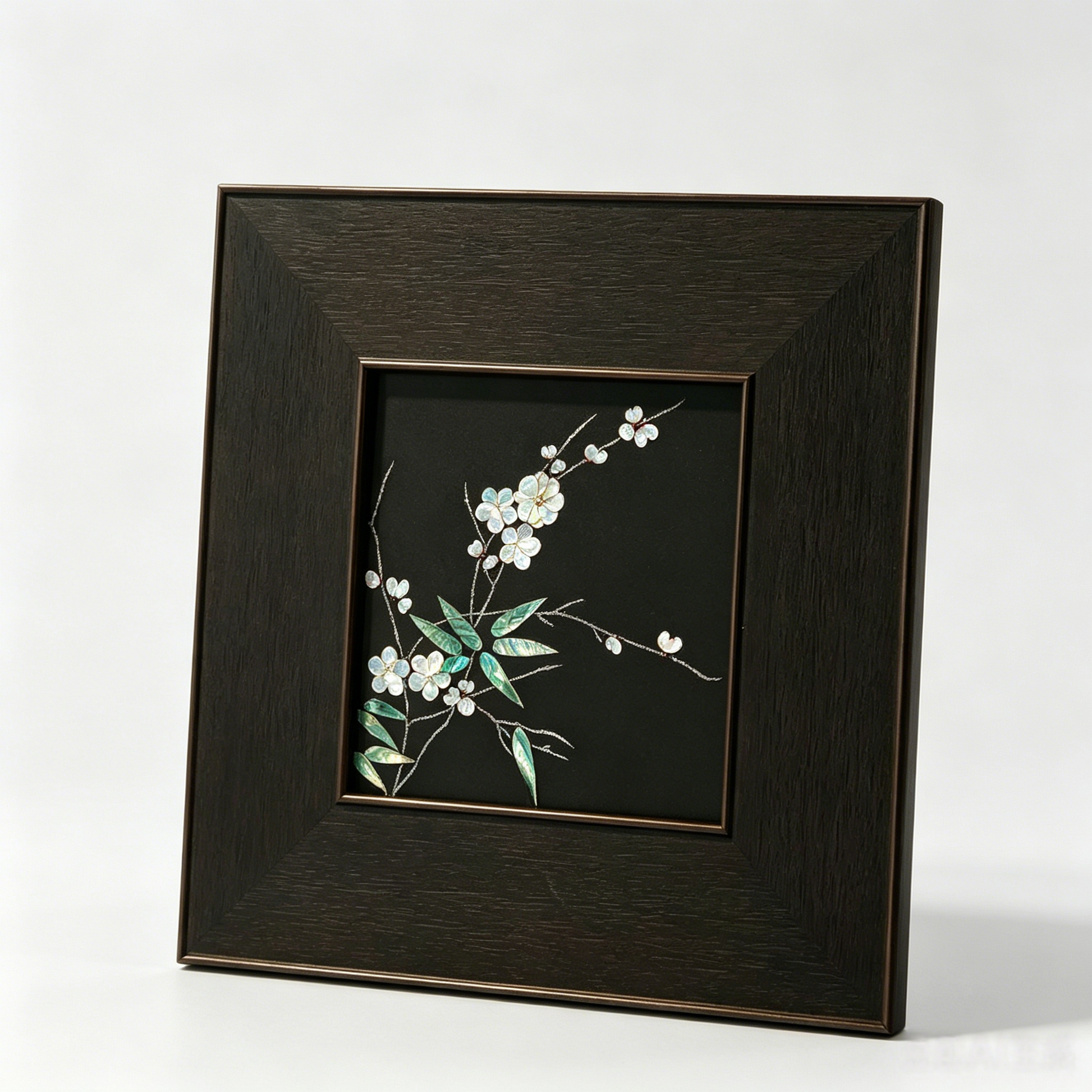 Close-up of raden shell inlay craft, traditional Chinese lacquer art details, hand-polished iridescent shell texture.