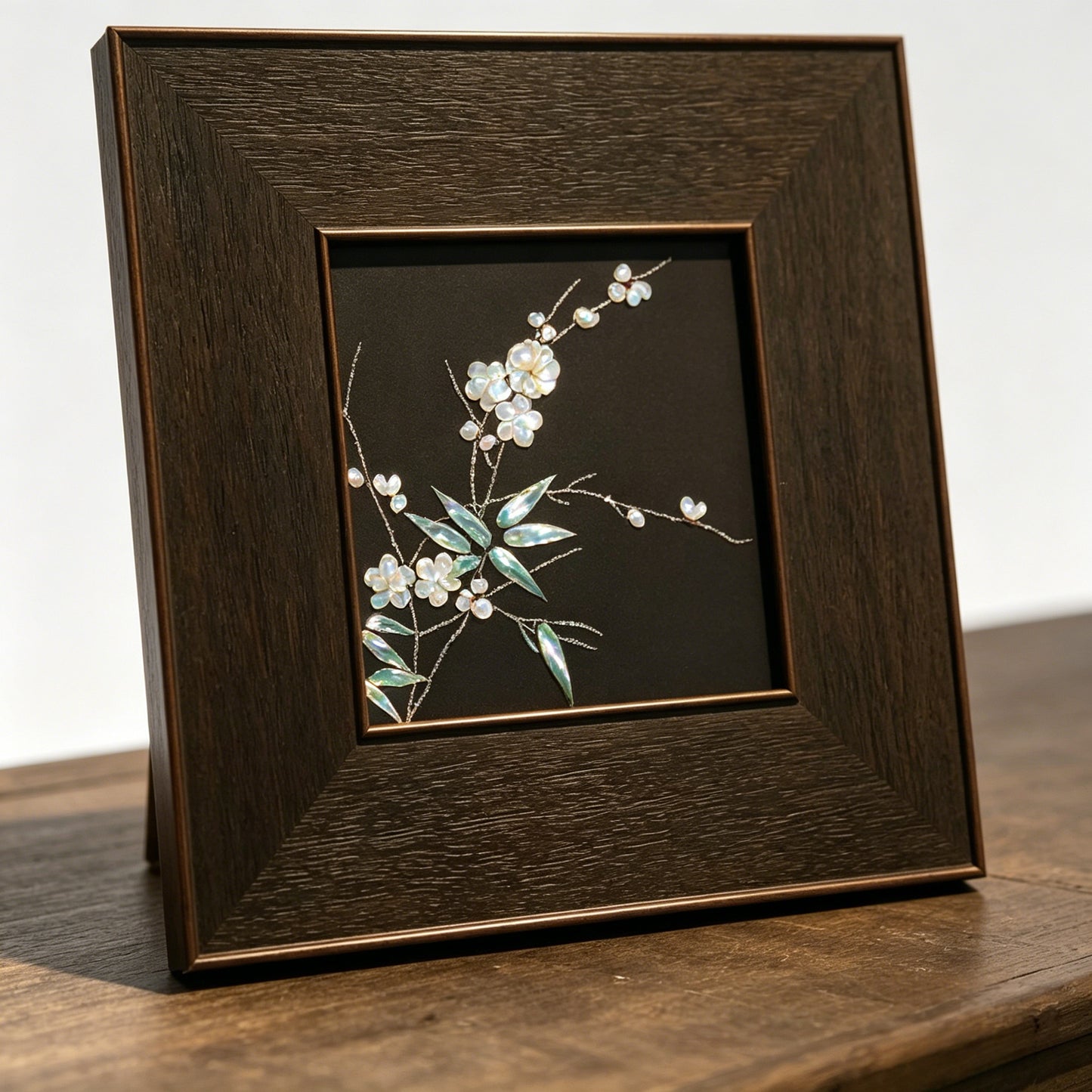 Close-up of raden shell inlay craft, traditional Chinese lacquer art details, hand-polished iridescent shell texture.