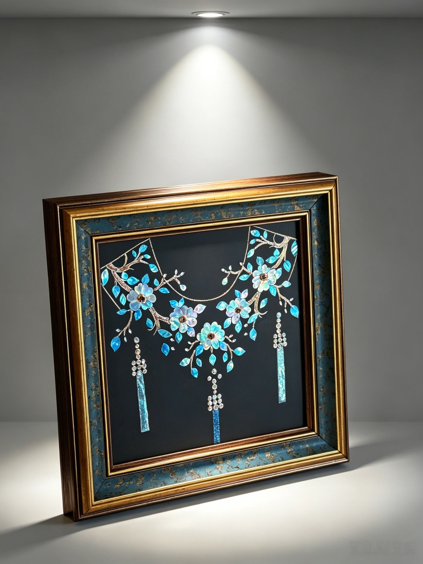 Close-up of Dunhuang style shell inlay craft, iridescent mother of pearl cloud pattern, luxury oriental interior decor detail.
