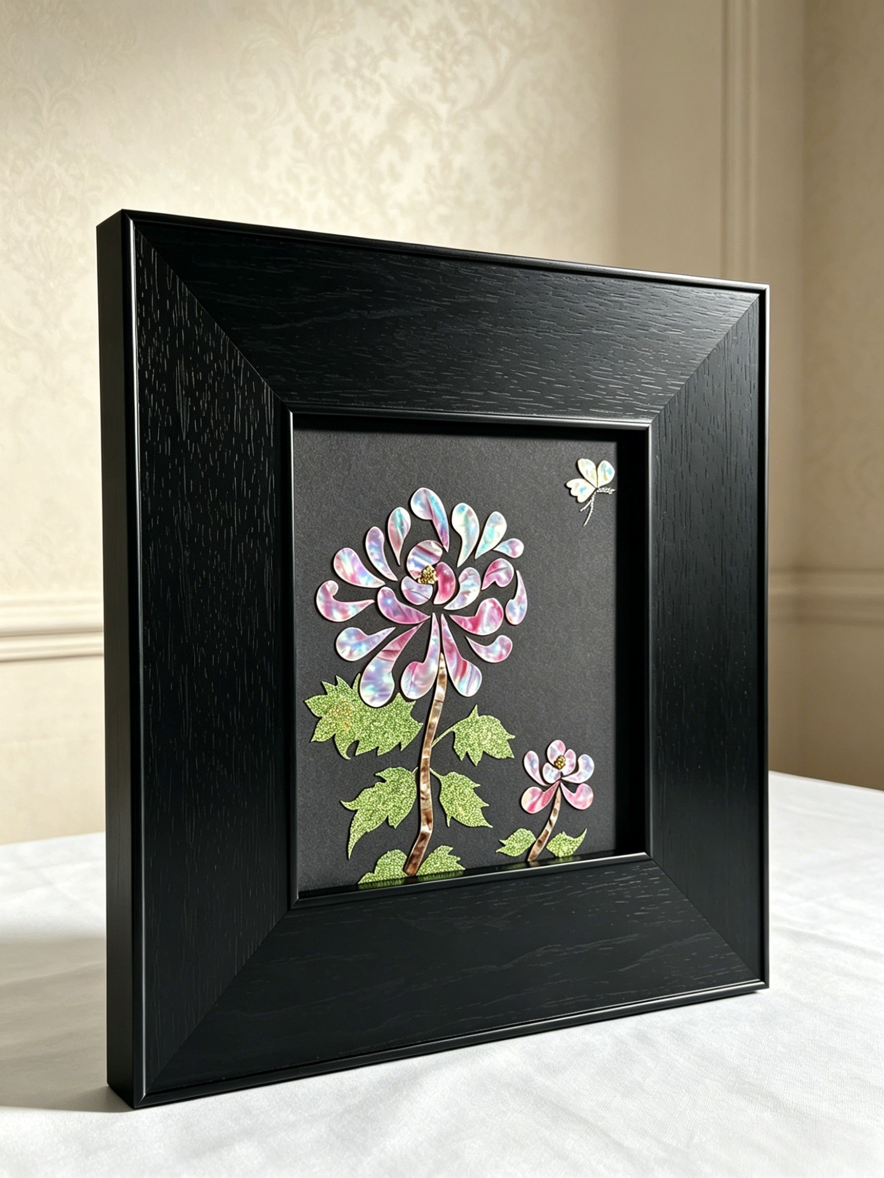 Handcrafted Mother of Pearl Chrysanthemum wall art, 20x20cm Raden shell inlay, oriental luxury home decor, state-level gift