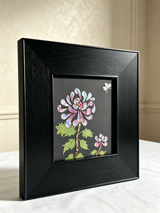 Handcrafted Mother of Pearl Chrysanthemum wall art, 20x20cm Raden shell inlay, oriental luxury home decor, state-level gift