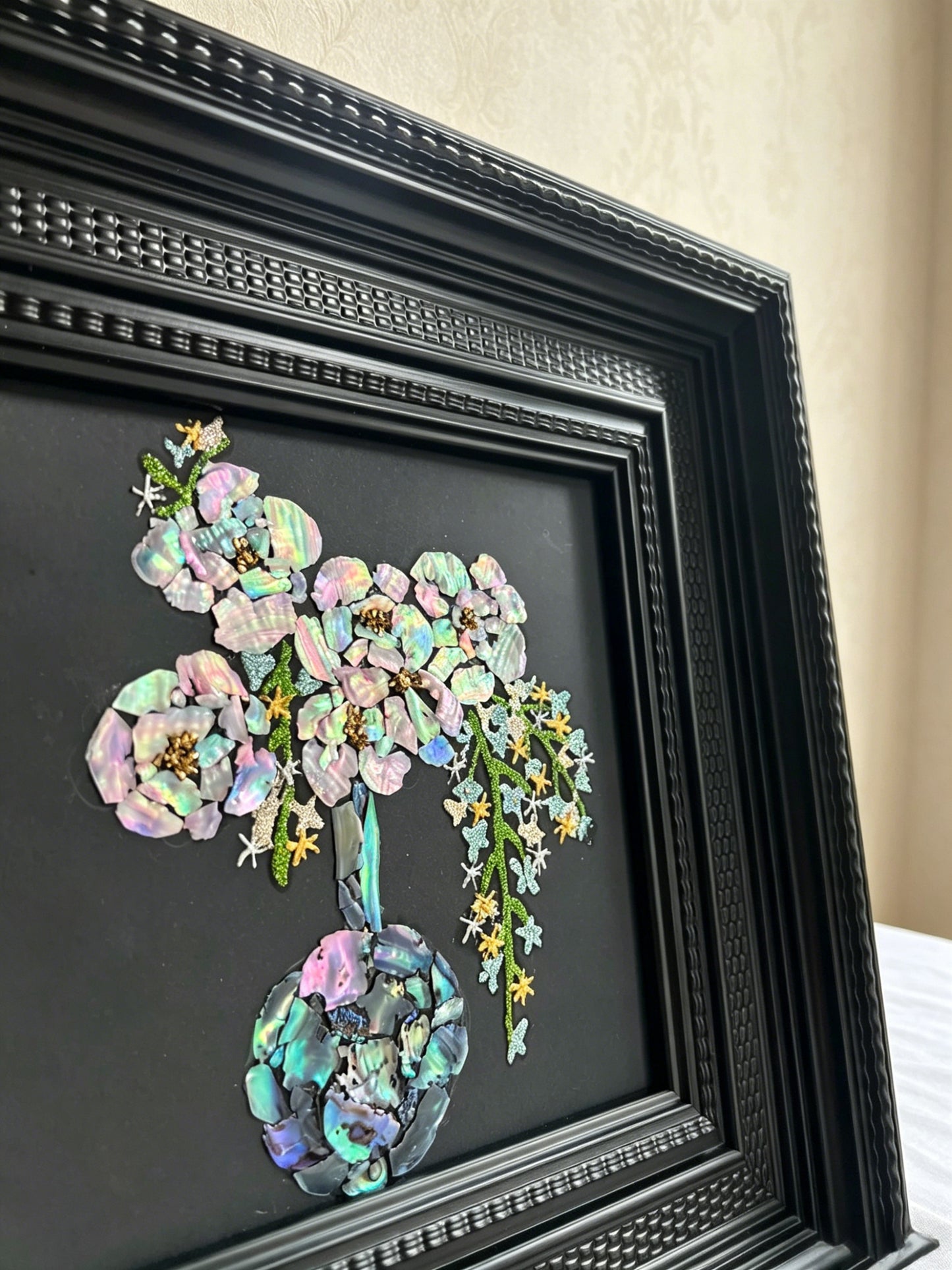 Handcrafted mother of pearl flower vase wall art, raden shell inlay floral artwork, zen oriental decor for luxury home