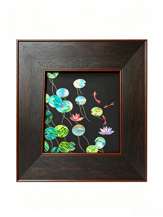 Authentic Mother of Pearl and Abalone Shell Lotus and Koi Fish Wall Art by Showing Studio