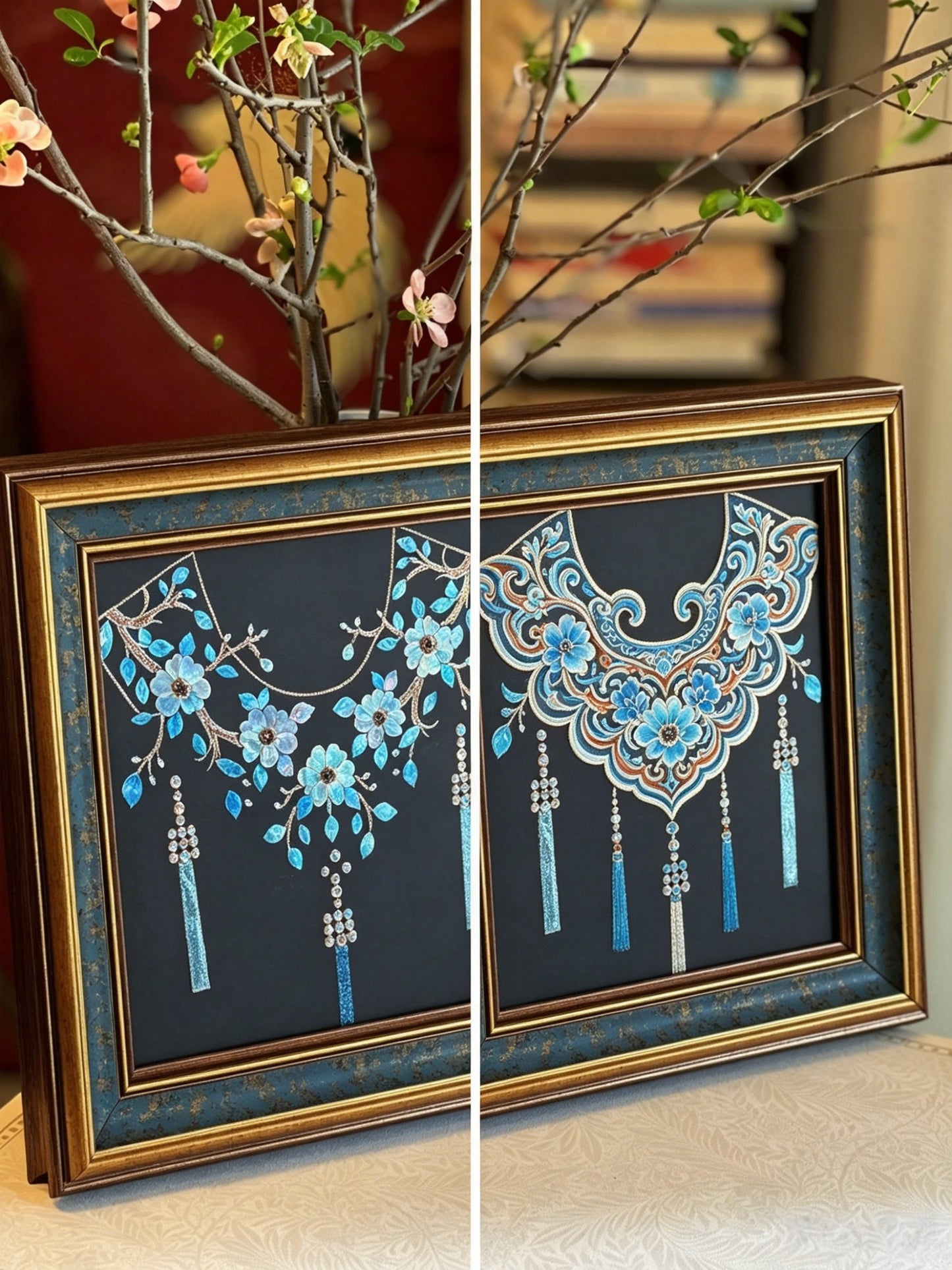 Close-up of Dunhuang style shell inlay craft, iridescent mother of pearl cloud pattern, luxury oriental interior decor detail.