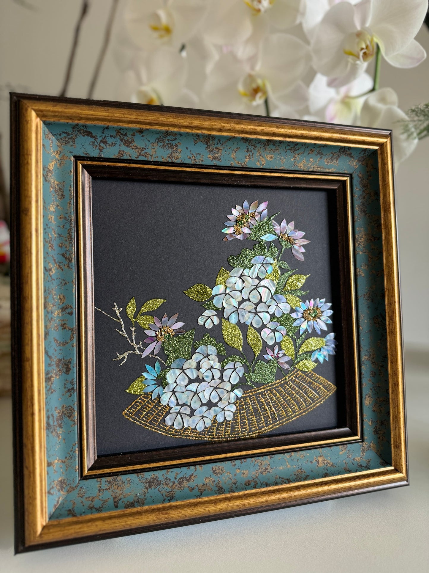 Handcrafted "Zen Lotus & Koi Fish" mother of pearl wall art, 20x20cm artwork with 35x35cm frame, luxury Zen home decor, artisanal oriental gift.
