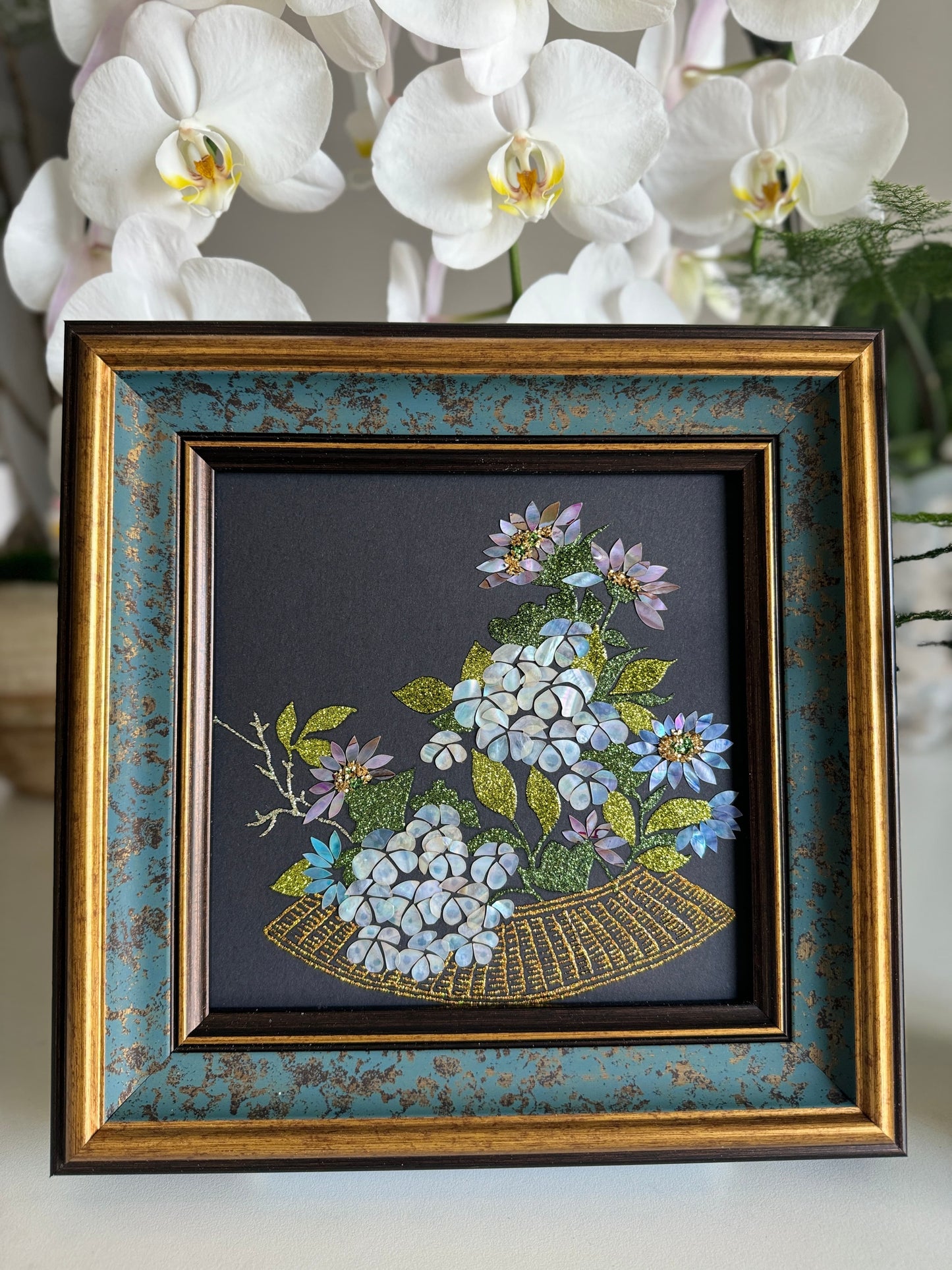 Handcrafted "Zen Lotus & Koi Fish" mother of pearl wall art, 20x20cm artwork with 35x35cm frame, luxury Zen home decor, artisanal oriental gift.
