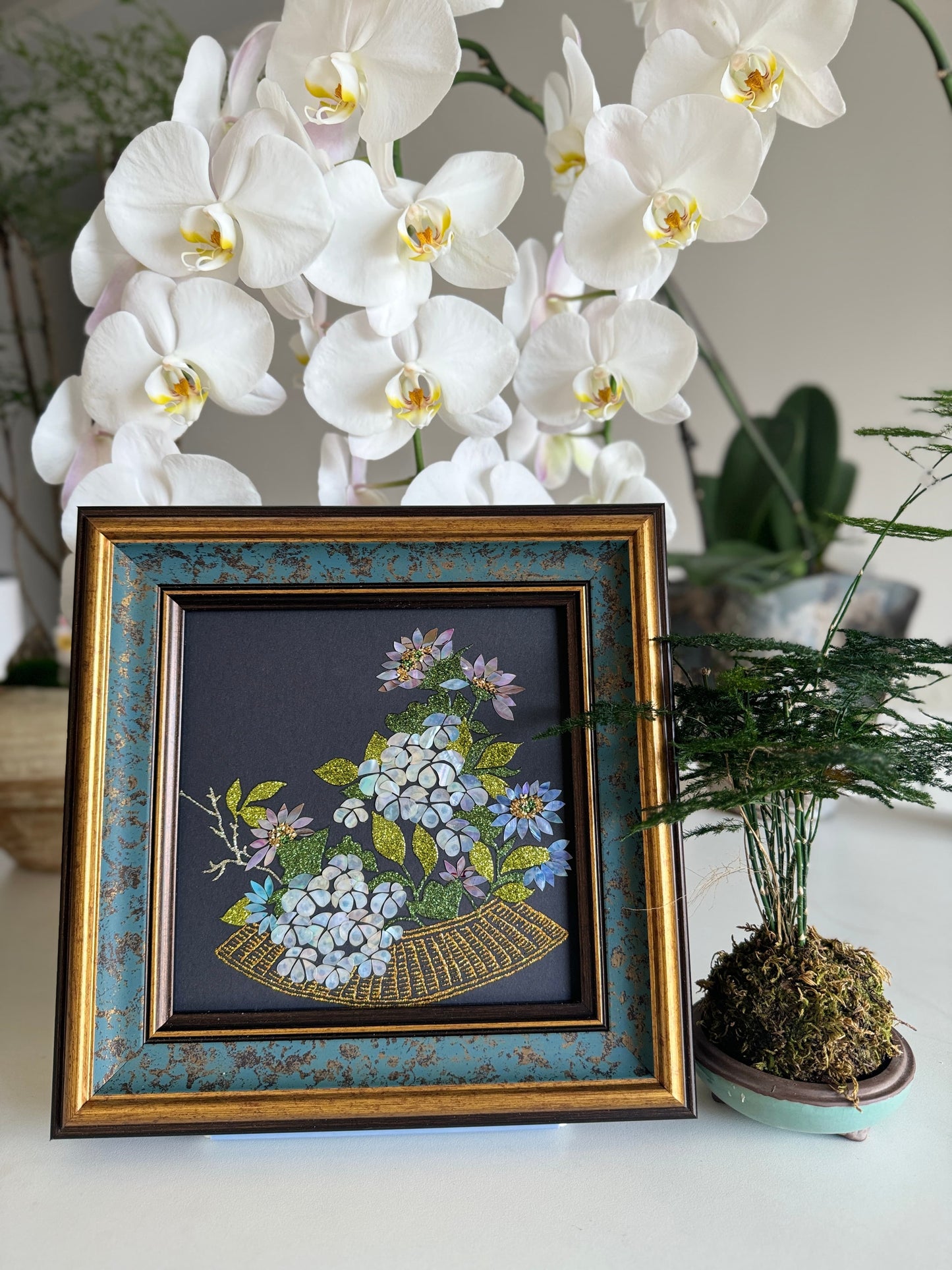 Handcrafted "Zen Lotus & Koi Fish" mother of pearl wall art, 20x20cm artwork with 35x35cm frame, luxury Zen home decor, artisanal oriental gift.