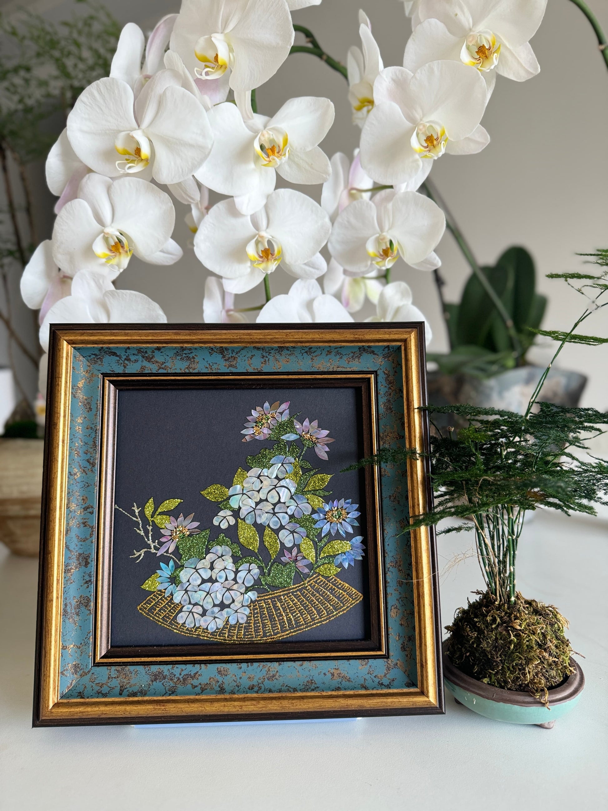 Handcrafted "Zen Lotus & Koi Fish" mother of pearl wall art, 20x20cm artwork with 35x35cm frame, luxury Zen home decor, artisanal oriental gift.