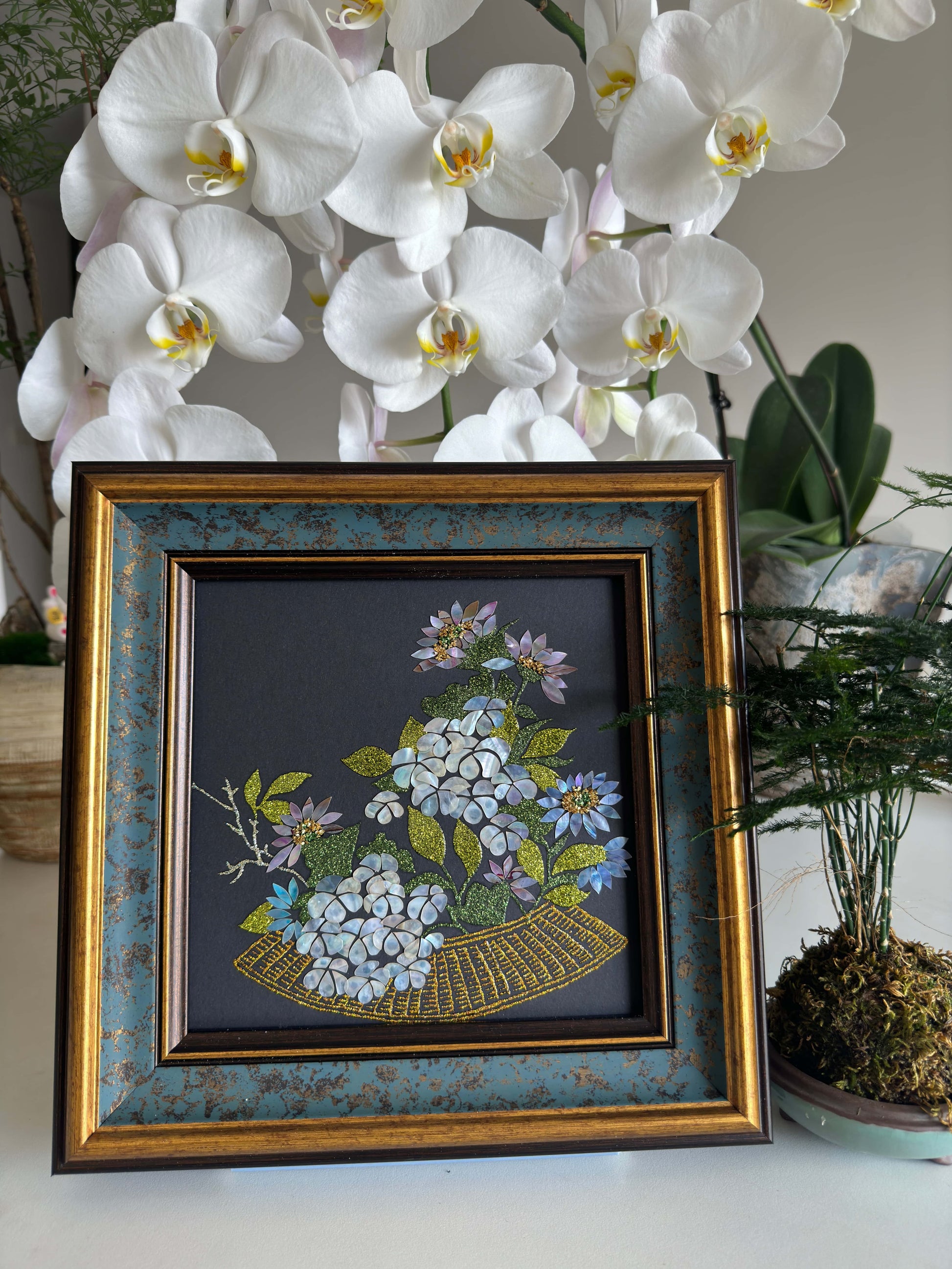 Handcrafted "Zen Lotus & Koi Fish" mother of pearl wall art, 20x20cm artwork with 35x35cm frame, luxury Zen home decor, artisanal oriental gift.