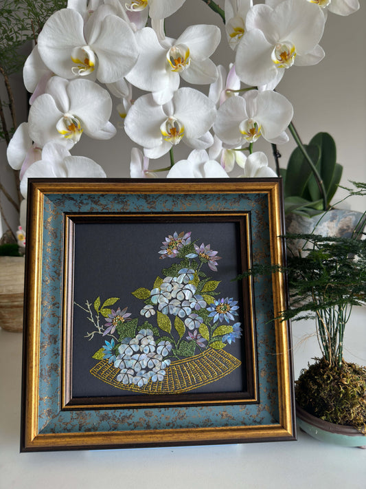 Handcrafted "Zen Lotus & Koi Fish" mother of pearl wall art, 20x20cm artwork with 35x35cm frame, luxury Zen home decor, artisanal oriental gift.