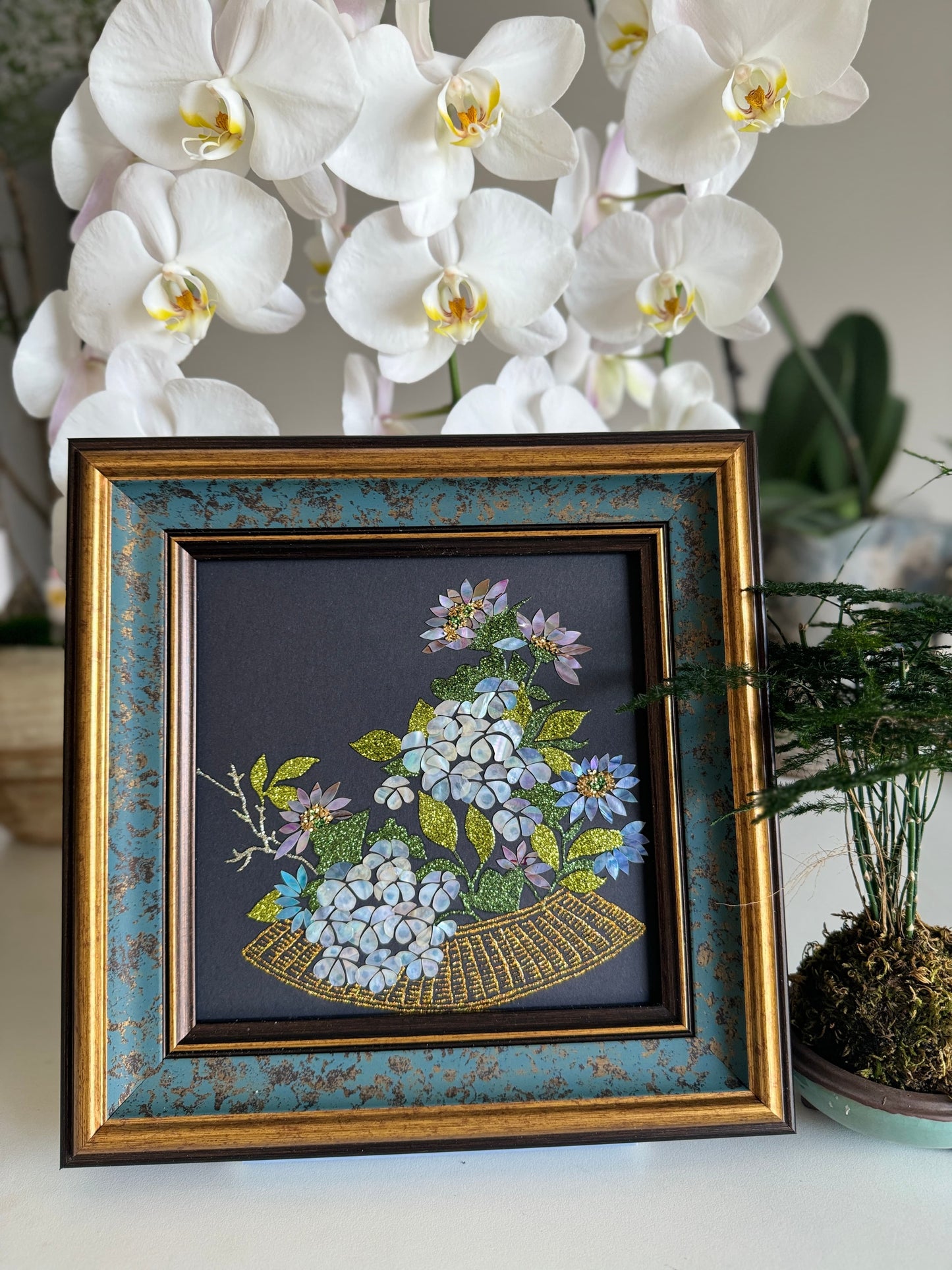 Handcrafted "Zen Lotus & Koi Fish" mother of pearl wall art, 20x20cm artwork with 35x35cm frame, luxury Zen home decor, artisanal oriental gift.