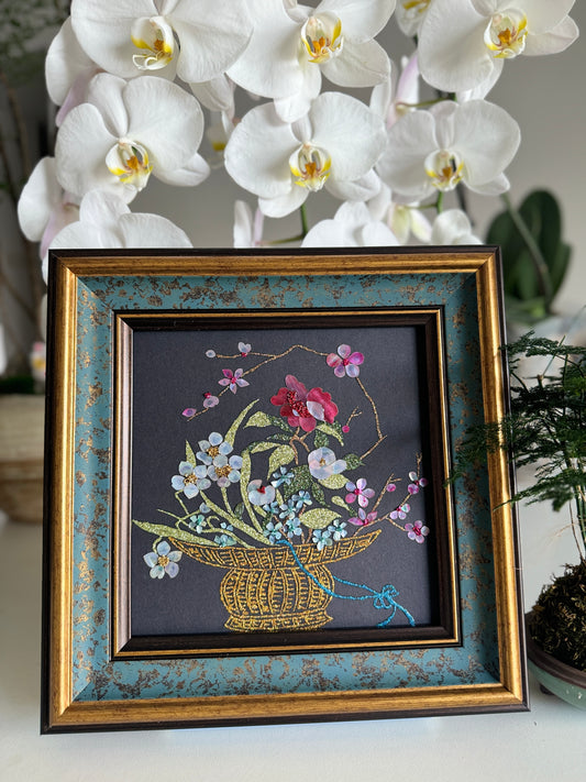 andcrafted mother-of-pearl inlay artwork "Sui Chao San You" depicting a traditional flower basket with pine, bamboo, and plum blossoms in a premium 30x30cm distressed antique gold frame
