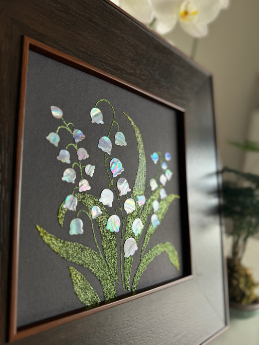 Handcrafted "Whispers of Lily" mother-of-pearl wall art, 20x20cm floral inlay, luxury botanical Zen home decor.
