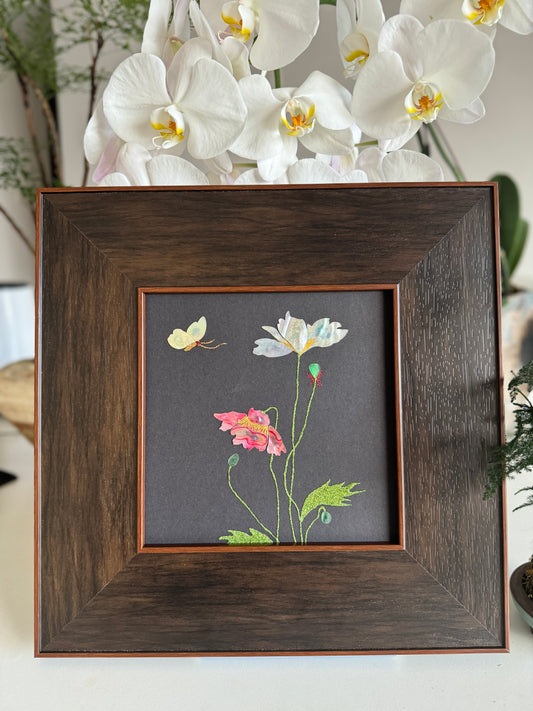Original Raden shell inlay artwork titled The Corn Poppy by Showing Studio featuring rose and pink petals, intricate blue abalone leaves, 20x20cm art inside a 35x35cm wide margin dark walnut frame.