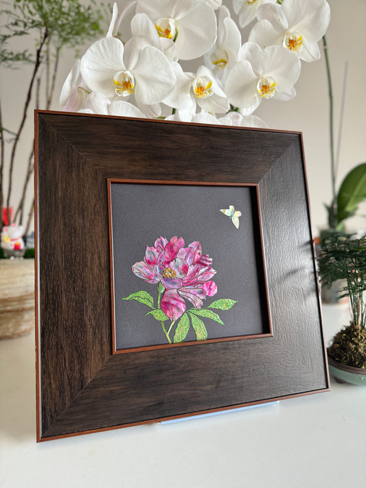 Handcrafted mother-of-pearl inlay artwork "Lu Hua Nong" featuring a blooming pink Chinese peony flower and a flying shell butterfly on black background, housed in a luxury dark wood frame.