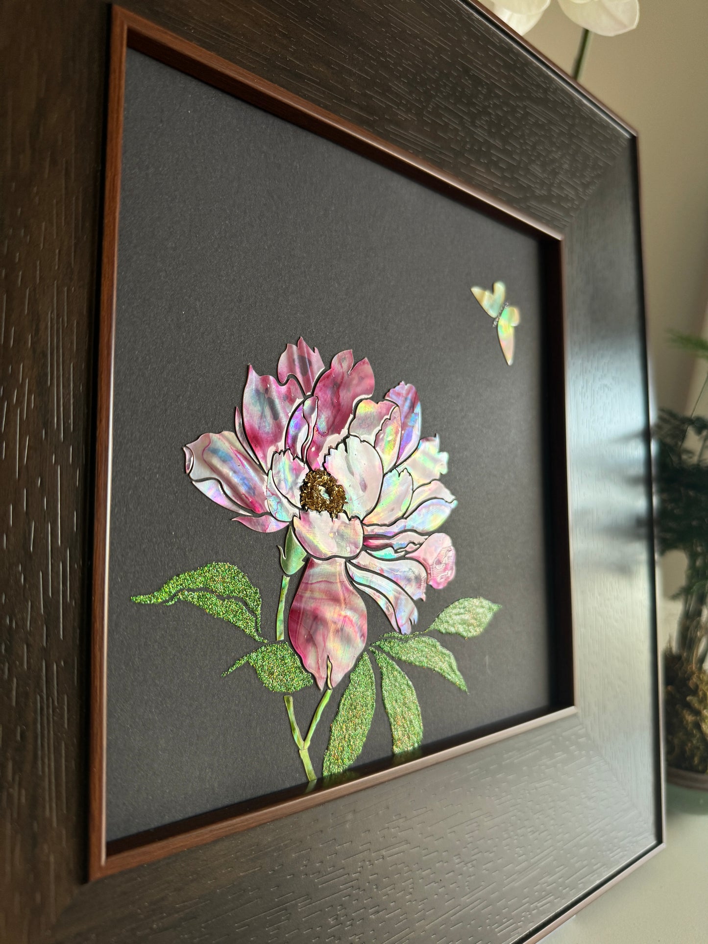 Handcrafted Mother-of-Pearl Peony Wall Art with Butterfly - "Blossom of Radiance" (Lu Hua Nong)