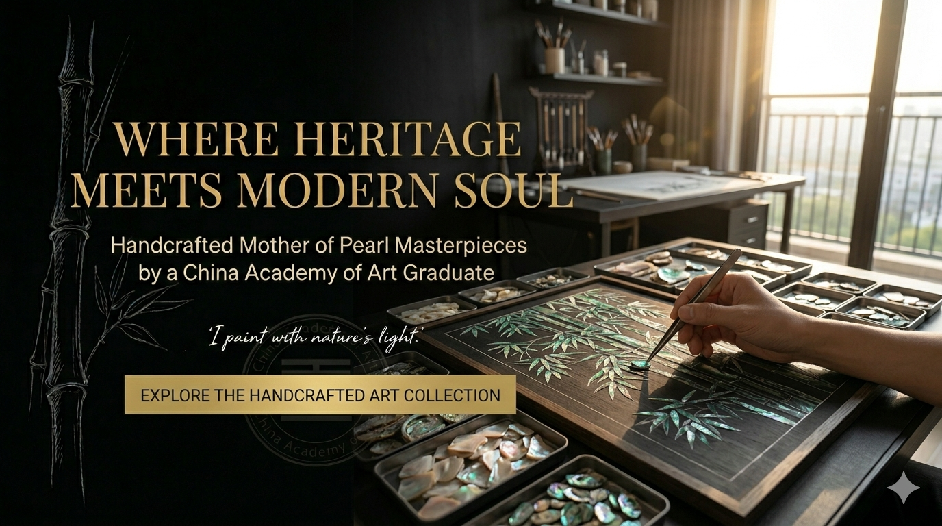Central Academy of Fine Arts graduate hand-crafting exquisite Raden mother of pearl shell inlay artwork at showinghandmadeart studio