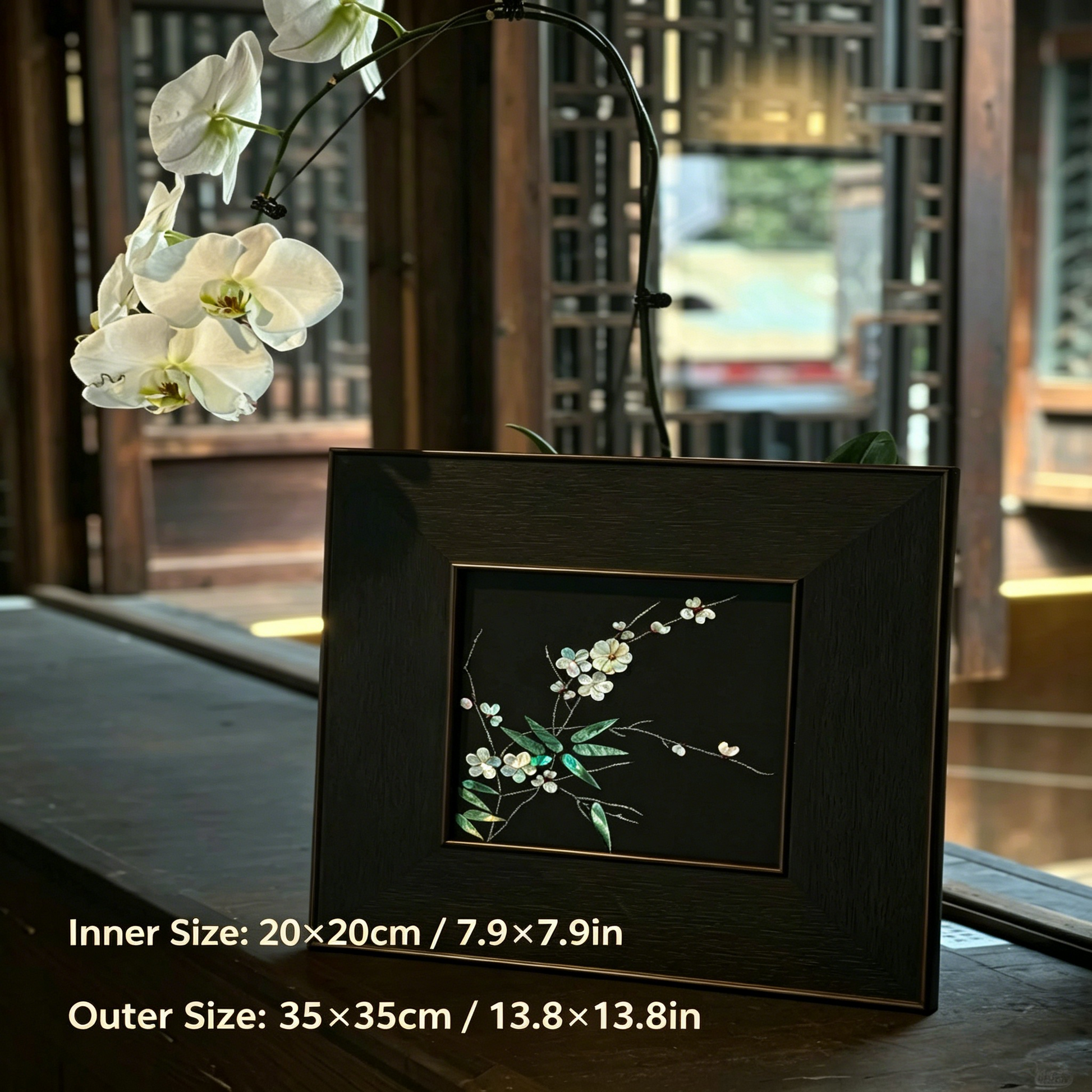 Close-up of raden shell inlay craft, traditional Chinese lacquer art details, hand-polished iridescent shell texture.