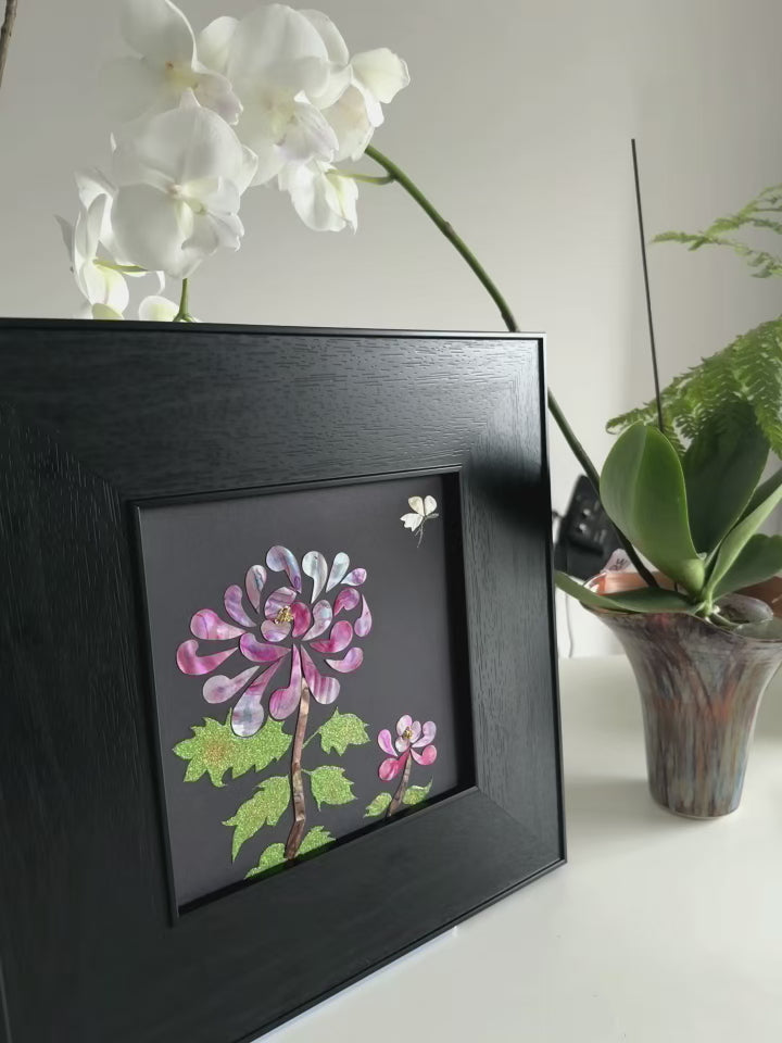 Handcrafted Mother of Pearl Chrysanthemum wall art, 20x20cm Raden shell inlay, oriental luxury home decor, state-level gift