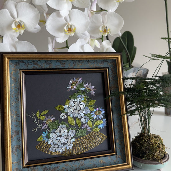 Handcrafted "Zen Lotus & Koi Fish" mother of pearl wall art, 20x20cm artwork with 35x35cm frame, luxury Zen home decor, artisanal oriental gift.