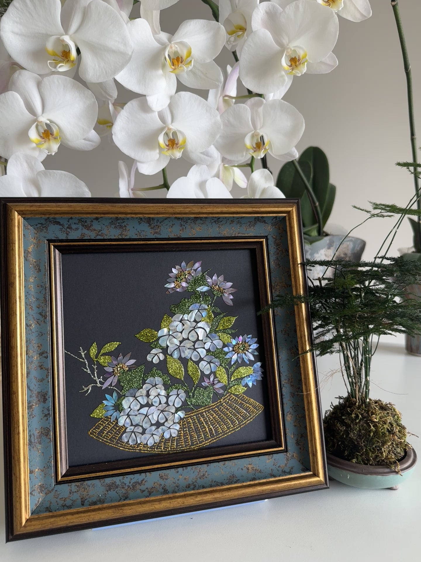 Handcrafted "Zen Lotus & Koi Fish" mother of pearl wall art, 20x20cm artwork with 35x35cm frame, luxury Zen home decor, artisanal oriental gift.