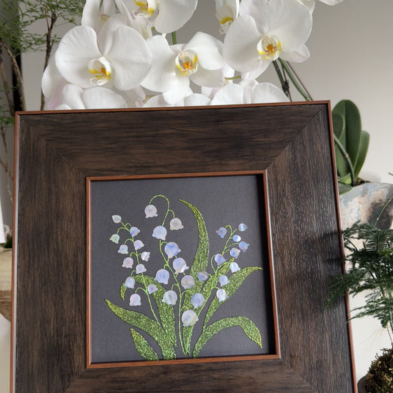 Handcrafted "Whispers of Lily" mother-of-pearl wall art, 20x20cm floral inlay, luxury botanical Zen home decor.