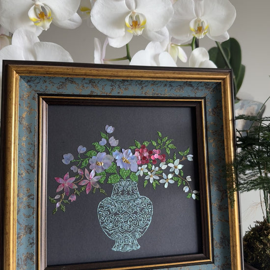 Luxury Zen home decor layout displaying the "Vase of Serenity" traditional Chinese shell artwork on a tabletop, perfect for living room aesthetics or executive office styling