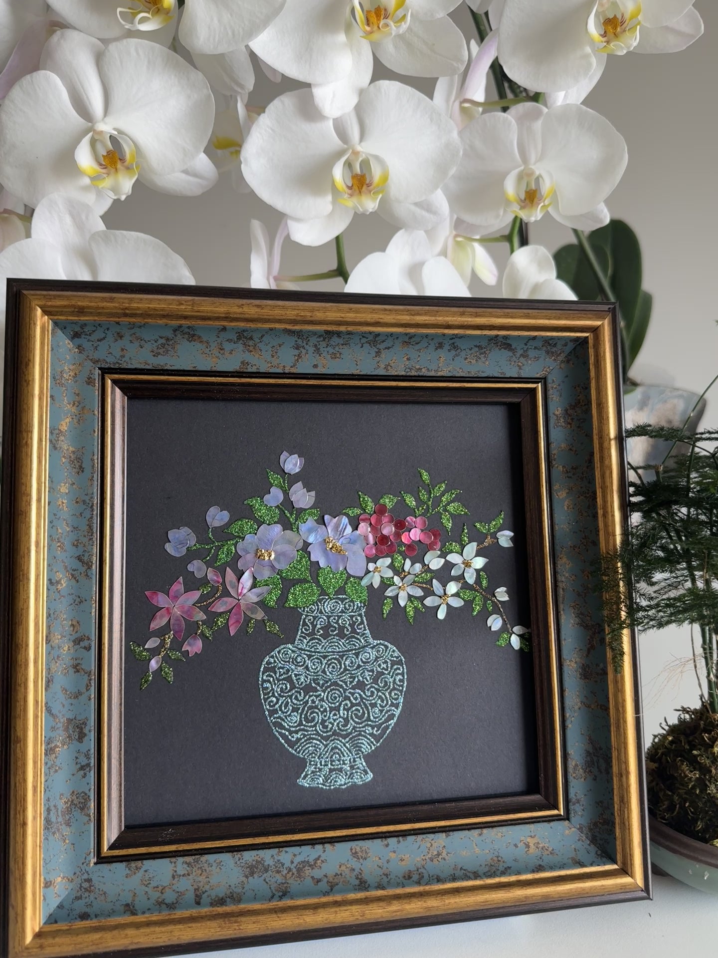 Luxury Zen home decor layout displaying the "Vase of Serenity" traditional Chinese shell artwork on a tabletop, perfect for living room aesthetics or executive office styling