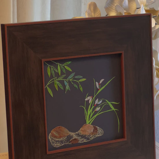 Original Raden shell art Lan Zhu Shuang Qing by Showing Studio in a 35x35cm walnut frame, showing deep green abalone bamboo leaves, ivory mother of pearl orchids and textured tiger shell rocks.